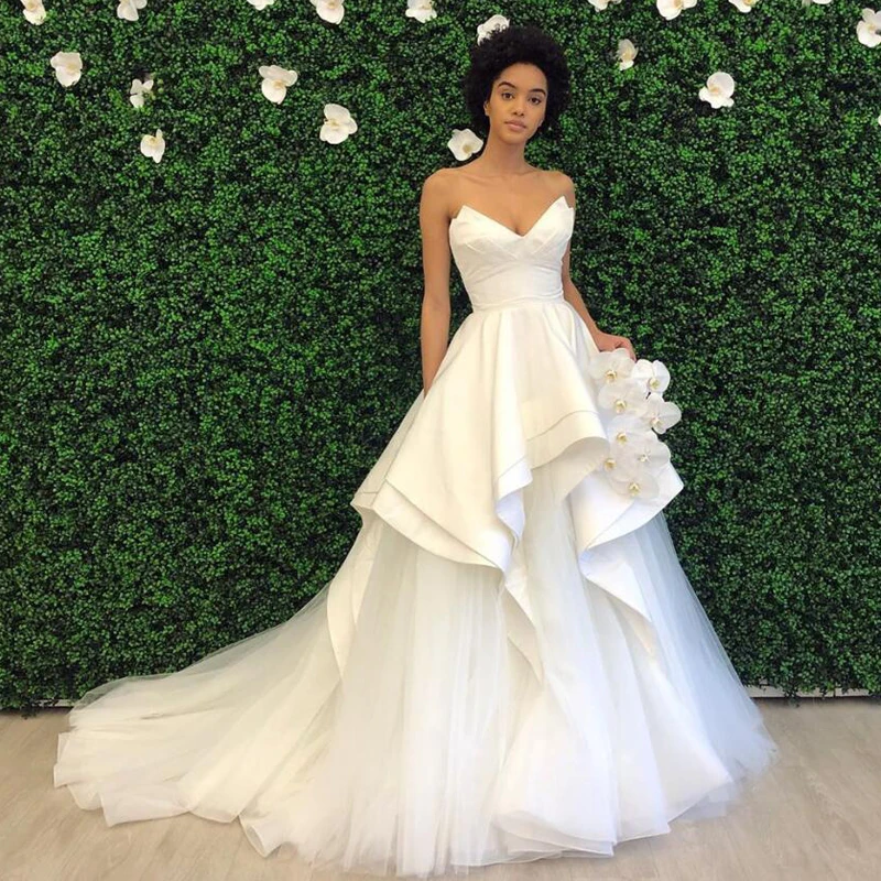 Белое цвета слоновой кости милое платье свадебное ярусный сатин Тюль Свадебное De