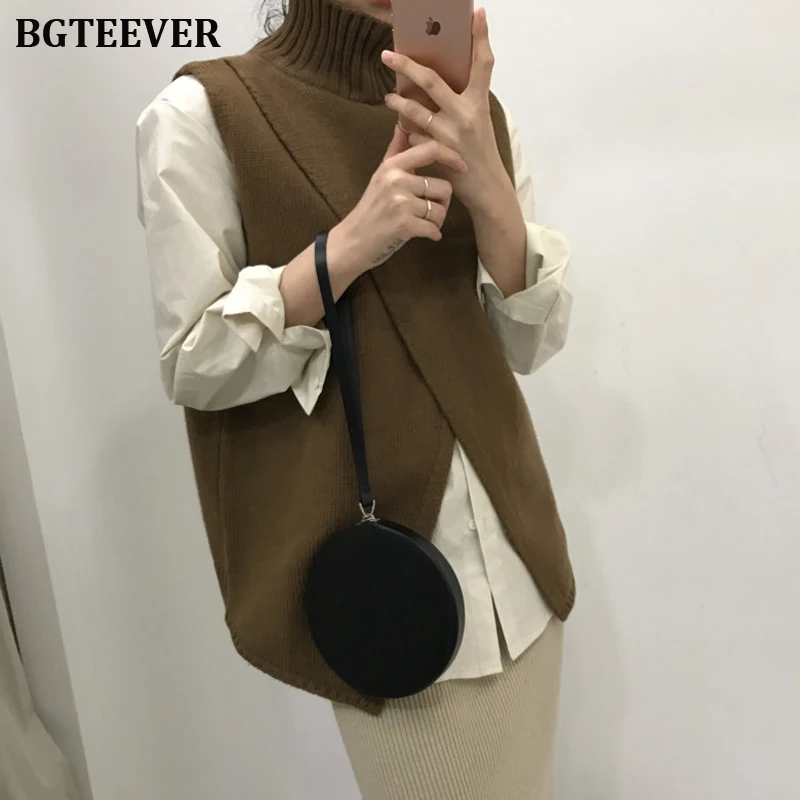 Модная водолазка вязаный жилет женский свитер шикарный Сплит трикотажные жилеты