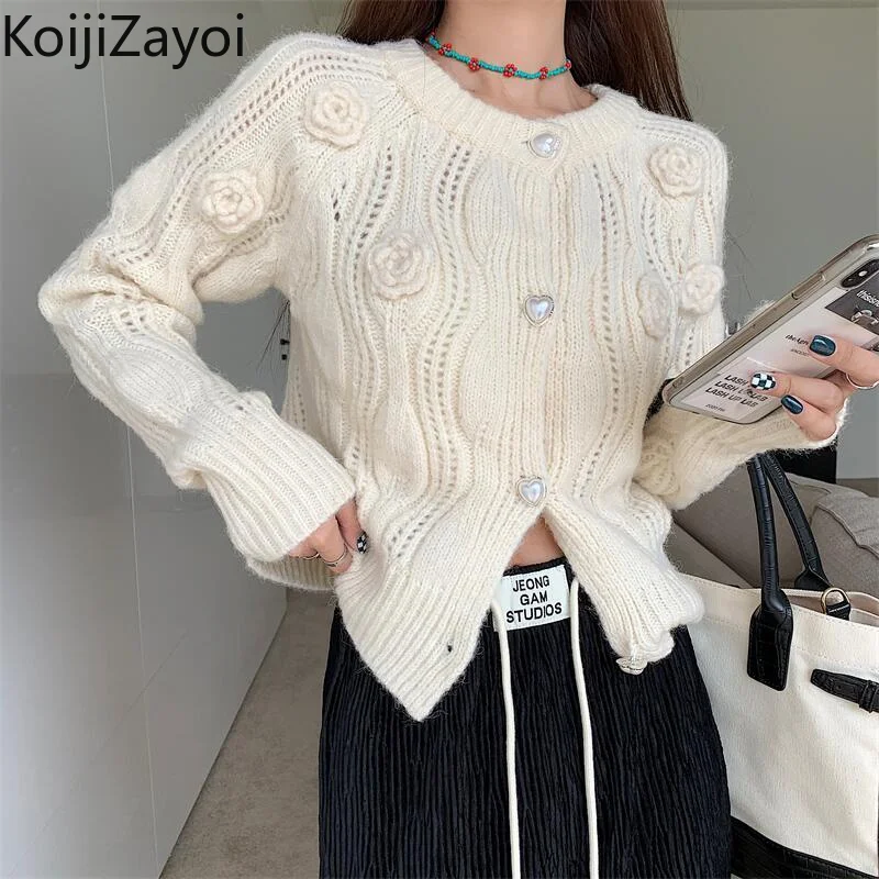 

Koijizayoi Women Appliques Flower Sweet Cardigan Lady Fashion Autumn Winter Knitted Kardigan Korean Outwear Cardigans Dropship