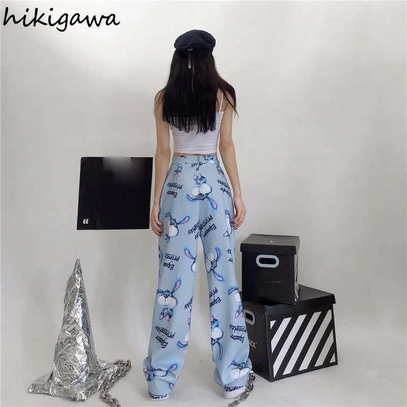 

Hikigawa 2021 Women's Cloting Wide Leg Pants Cartoon Print Cute Trousers Japanese Long Length Jogger Fashion Kawaii Sweatpants