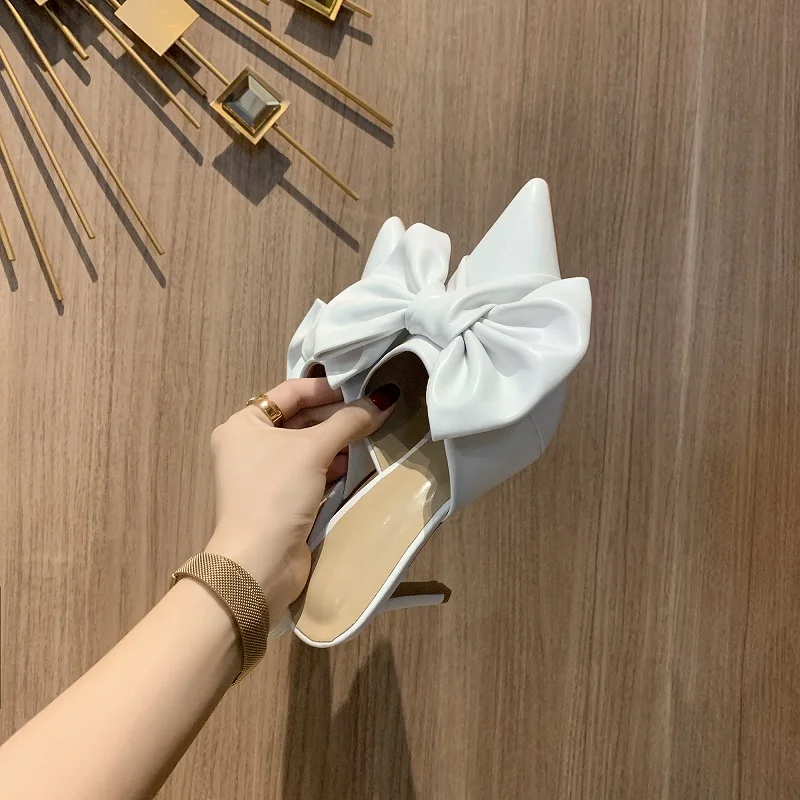 2020 Summer New All-match Bow Thin Heeled Sexy Fashion Outer Wear Baotou High Heel Slippers Pointed Toe