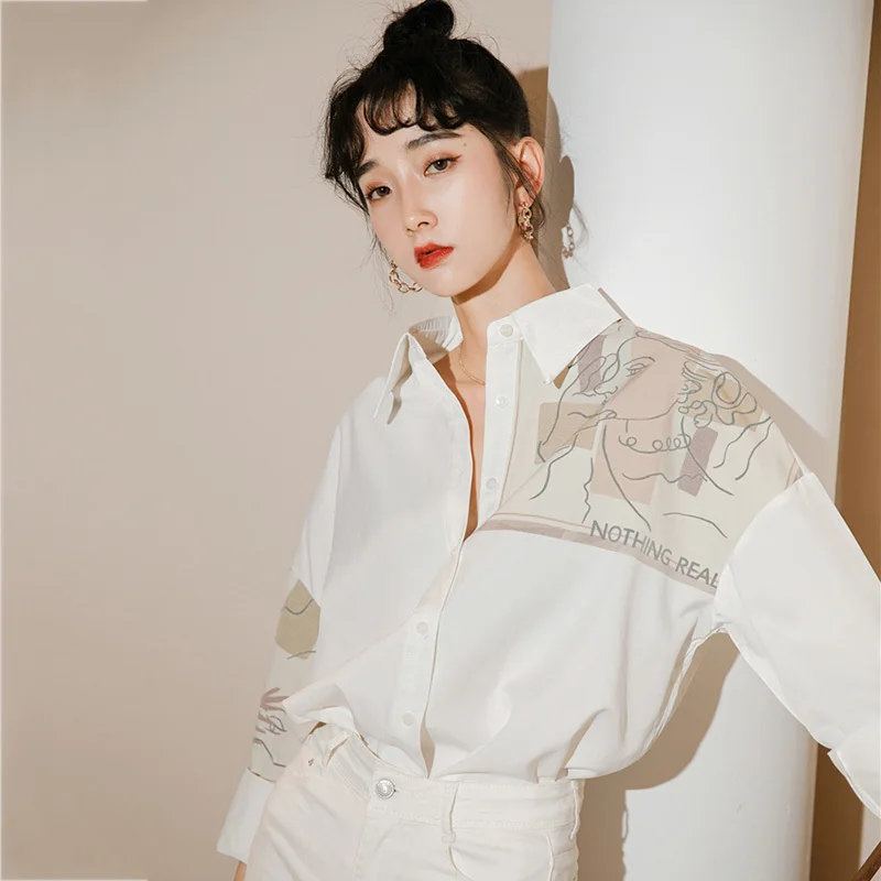 

Women White Printing Big Size Blouse New Lapel Long Sleeve Loose Fit Shirt Fashion Tide Spring Summer 2021 Z342
