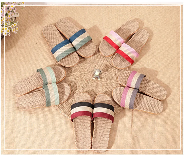 Шлепанцы женские льняные плоская подошва мягкая нескользящая комнатные тапочки