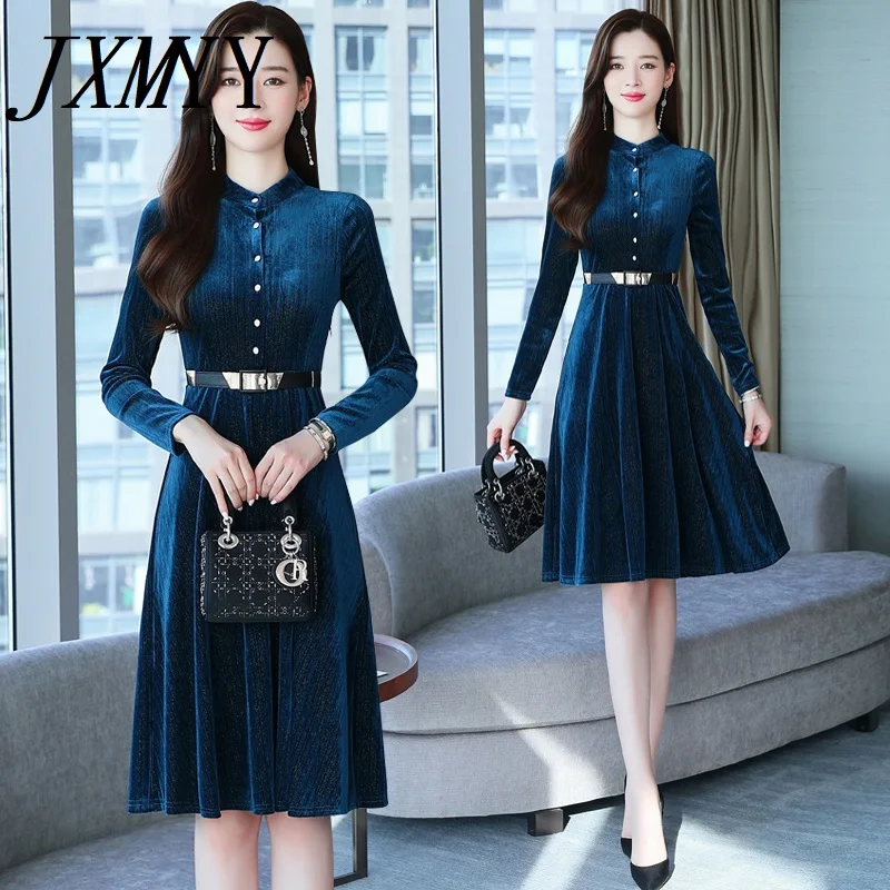 JXMYY 2021 Золотое бархатное платье с длинным рукавом женское весеннее и осеннее