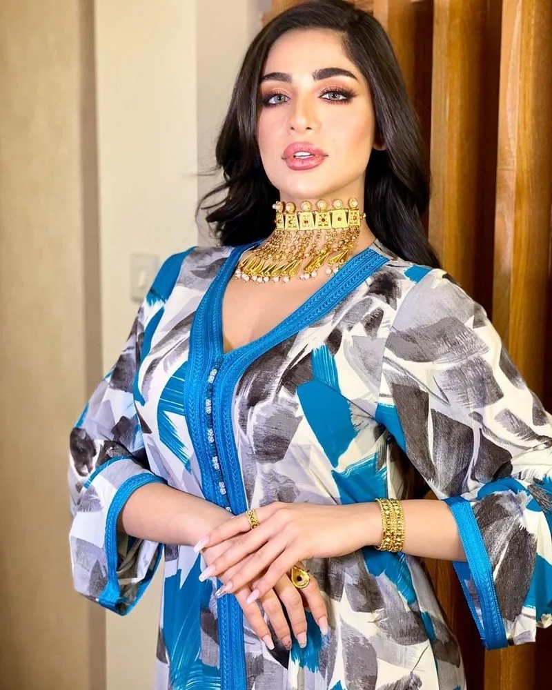 Dubai Fashion Printed Maxi Dress Abaya Muslim Women Loose Style Braid Trimmed Long Sleeve Morroco Kaftan Islam Clothes