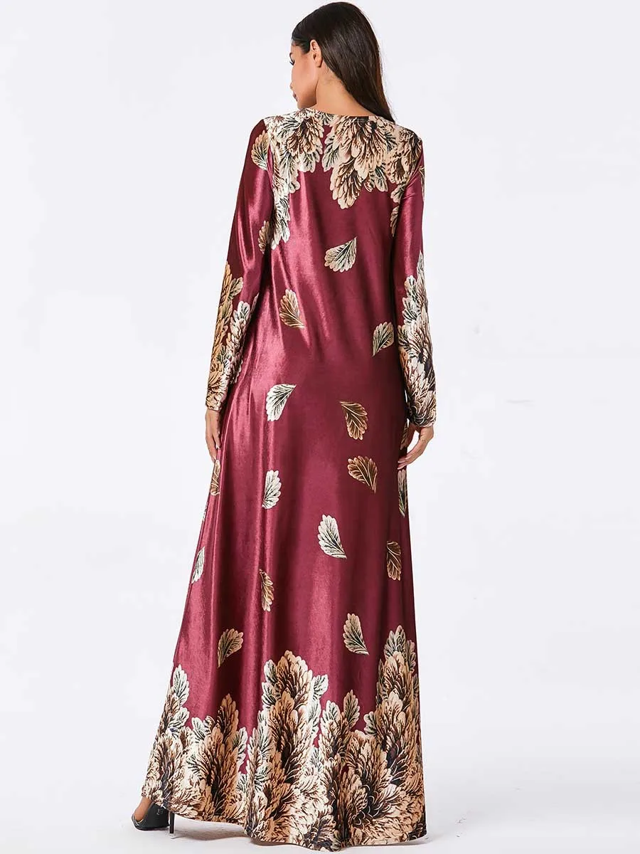

Abaya Dubai Fashion Large Size Women's Purple Bronzing Plant Print Long Sleeve Autumn Muslim Casual Gold Velvet Maxi Dress