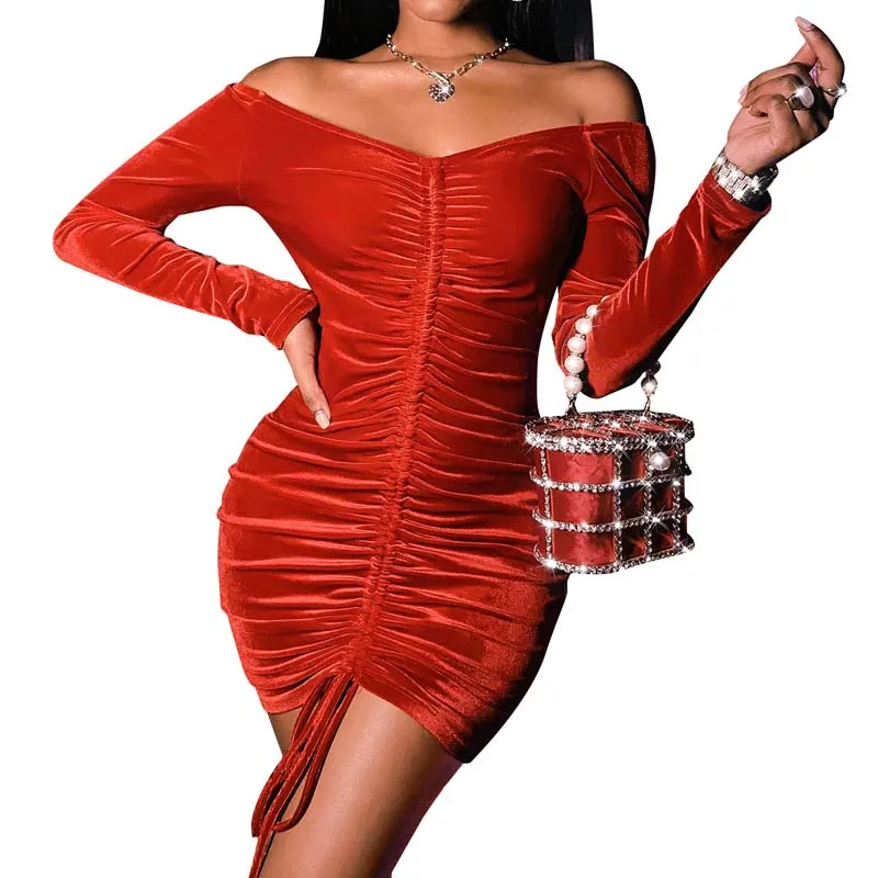 

One Shoulder Spring Autumn Dresses 2022 Women Shirring Sexy Wrapped Chest One-step Skirt Female Red Wine Hedging Nightclub Style