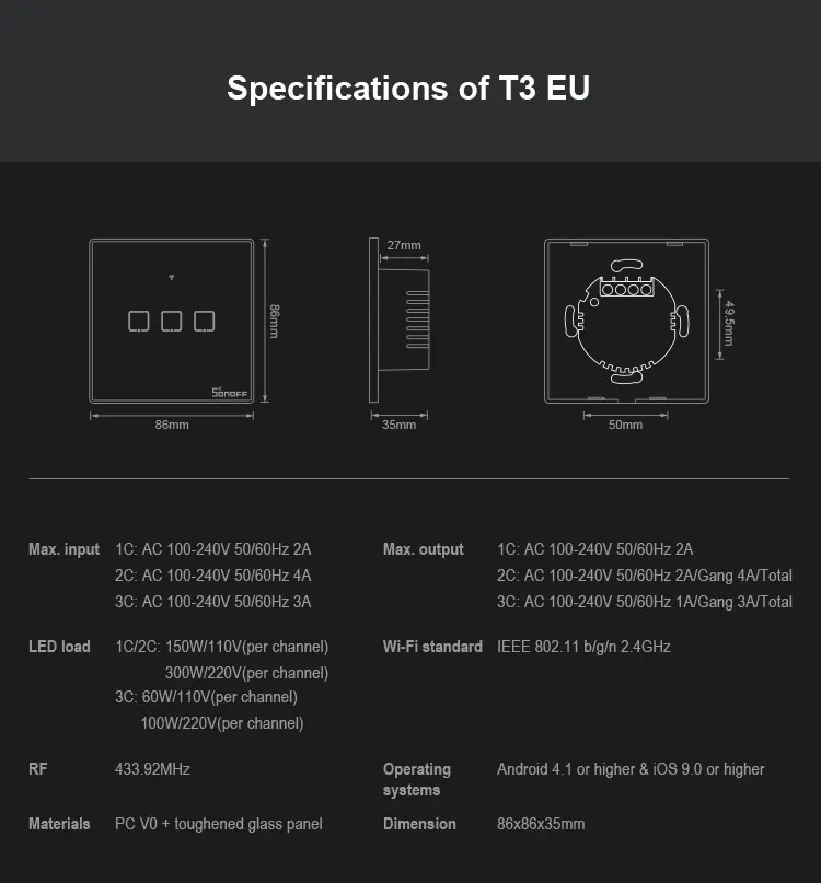 Интеллектуальный выключатель света SONOFF T2/T3 EU/UK TX 1/2/3 Gang Смарт Wi-Fi Сенсорный настенный выключатель света Умный дом 433 RF/Голосовое управление/приложение Управление