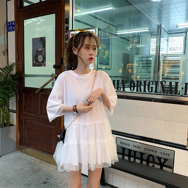 Плиссированное Платье-футболка повседневное корейское лоскутное Сетчатое