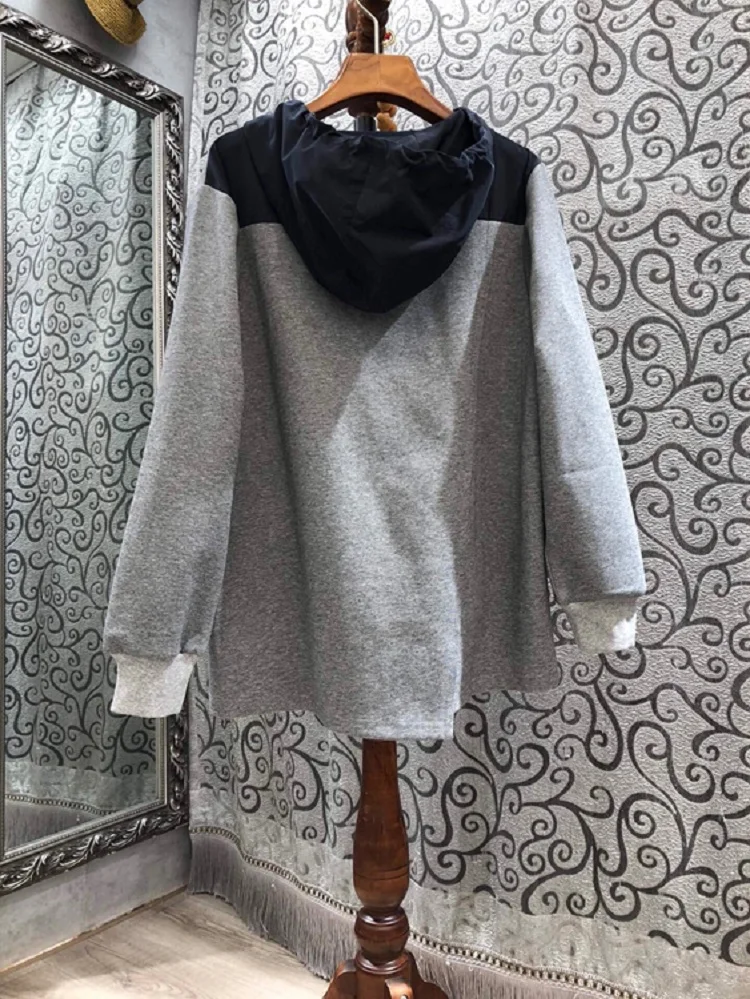 

Spring Autumn Clothing 2021 Fashion Style Women Hooded Color Block Patchwork Long Sleeve Grey Black Casual Sweatshirts Tops