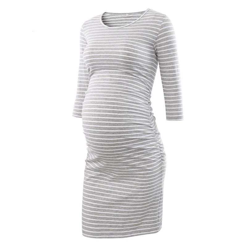 Maternity Spring Summer Women Ruched Maternity Dress O-neck Stripe Dress Long Sleeve Casual Wrap Dresses Clothes for Pregnant