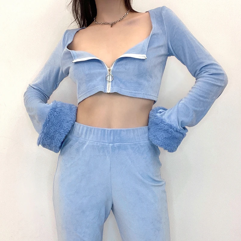 

2022 Casual Basic Blue Furry Short Top T-shirt Women's Combination Cardigan Long Sleeve Velvet New Casual Pants Two-Piece Set
