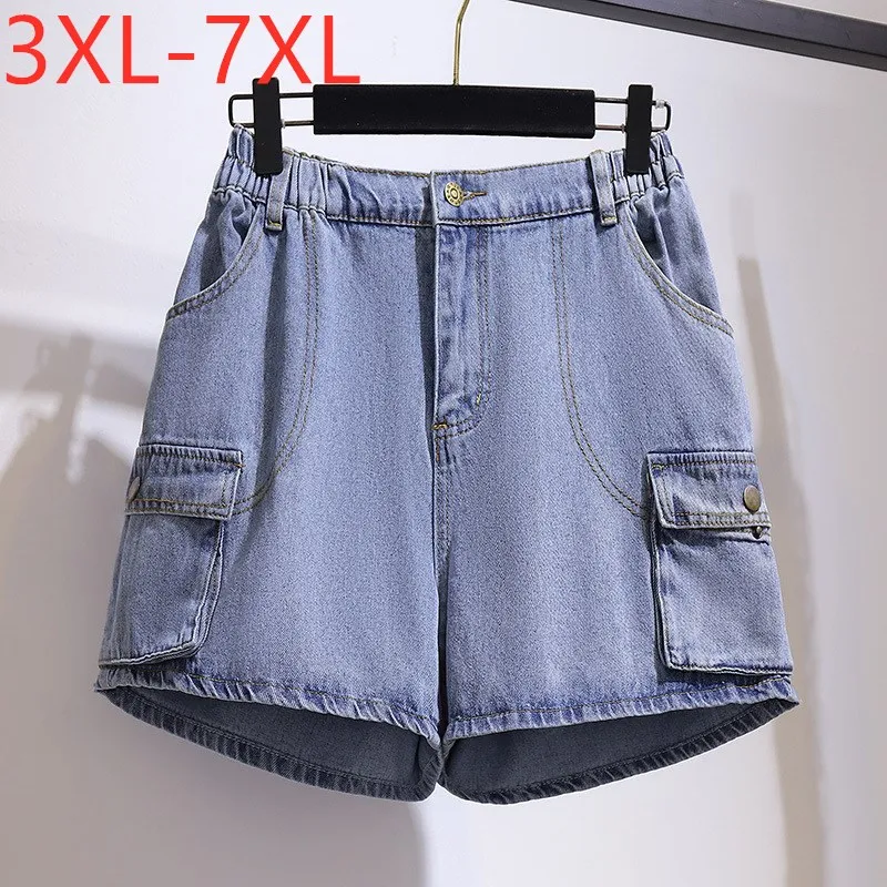 

Missfansiqi 4XL 5XL 6XL 7XL Plus Size Jeans Shorts For Women Ladies Summer Large Loose Wide Leg Blue Cotton Pocket Denim Shorts