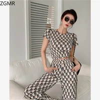 fashion suit women 2021 spring and summer new hong kong style drawstring ice silk two piece short sleeved top casual pants women