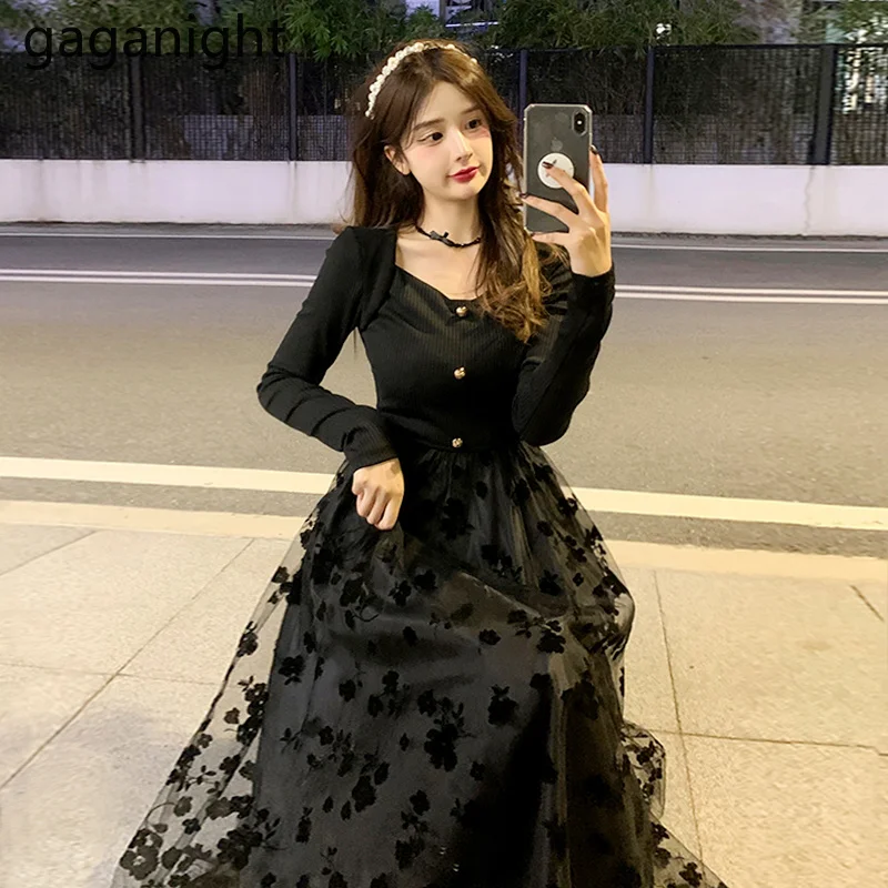 

Gaganight Women Black Mesh Stitching Knitted Dress Female 2021 Spring and Autumn New French Retro Sweet A-line Slim Chic Dress