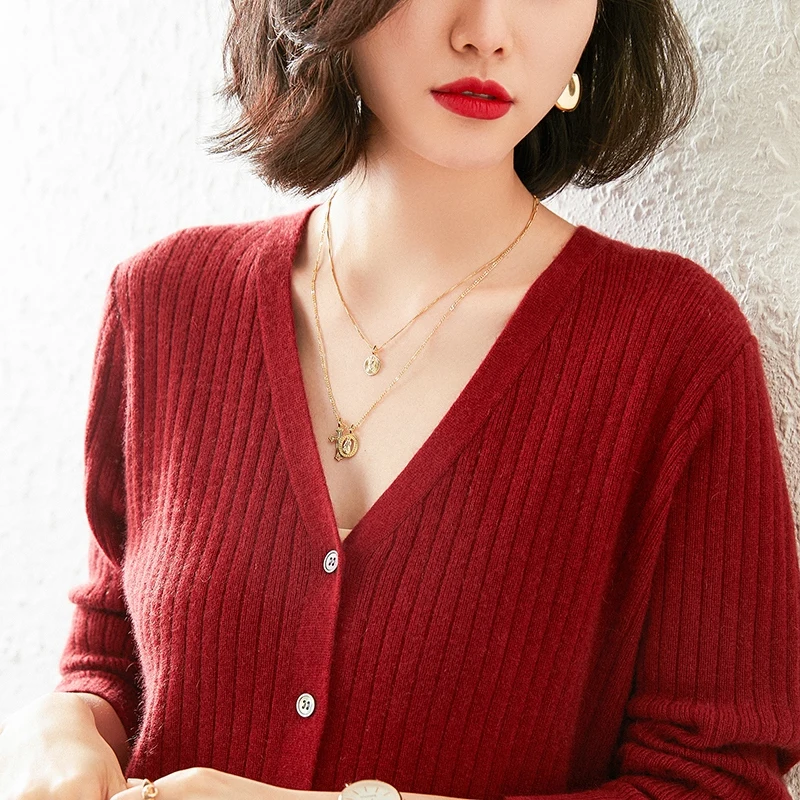 

Hot Sale Spring Autumn Winter New 100% Cashmere Cardigan V-Neck Sweater Women's Solid Color Soft Fashion Long Female Long Sleeve