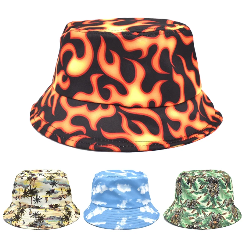 

Spring Summer Blue Sky Clouds Print Flame Bucket Fisherman Hat for Men Women Outdoor Leisure Bucket Hat Sunscreen Female Sunhat