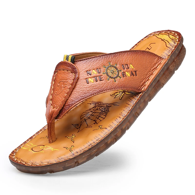 Шлепанцы мужские из натуральной кожи Нескользящие мягкие тапки удобная обувь