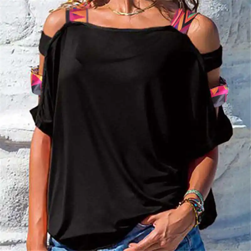 

Hot Sale Women Bare Shoulder T Shirt New Vintage Boho Print Cold Shoulder Tunic Loose T-shirt Pure Color Short Sleeve Tees Tops