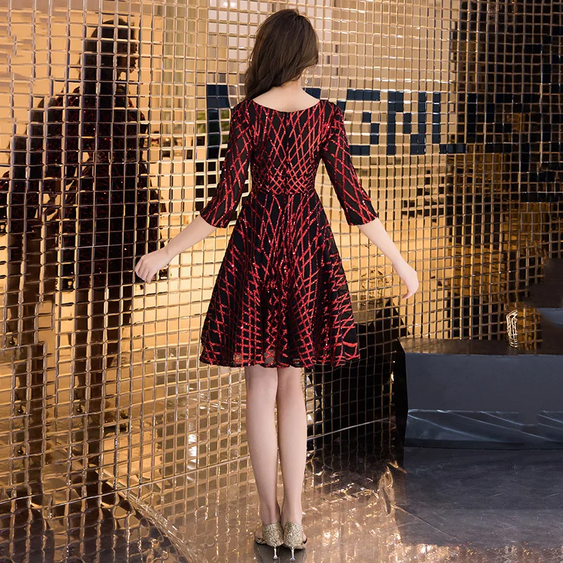 

Black And Wine Red Sequin Prom Dresses 2021 Elegant O-neck Short Cocktail Dresses