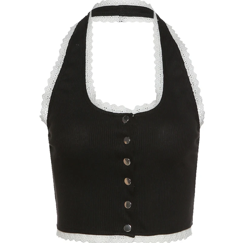 

XUXI Summer 2021 Women Sexy Vest T-shirt Fashion Sling Retro Lace Backless Halter Vest Crop Top E559