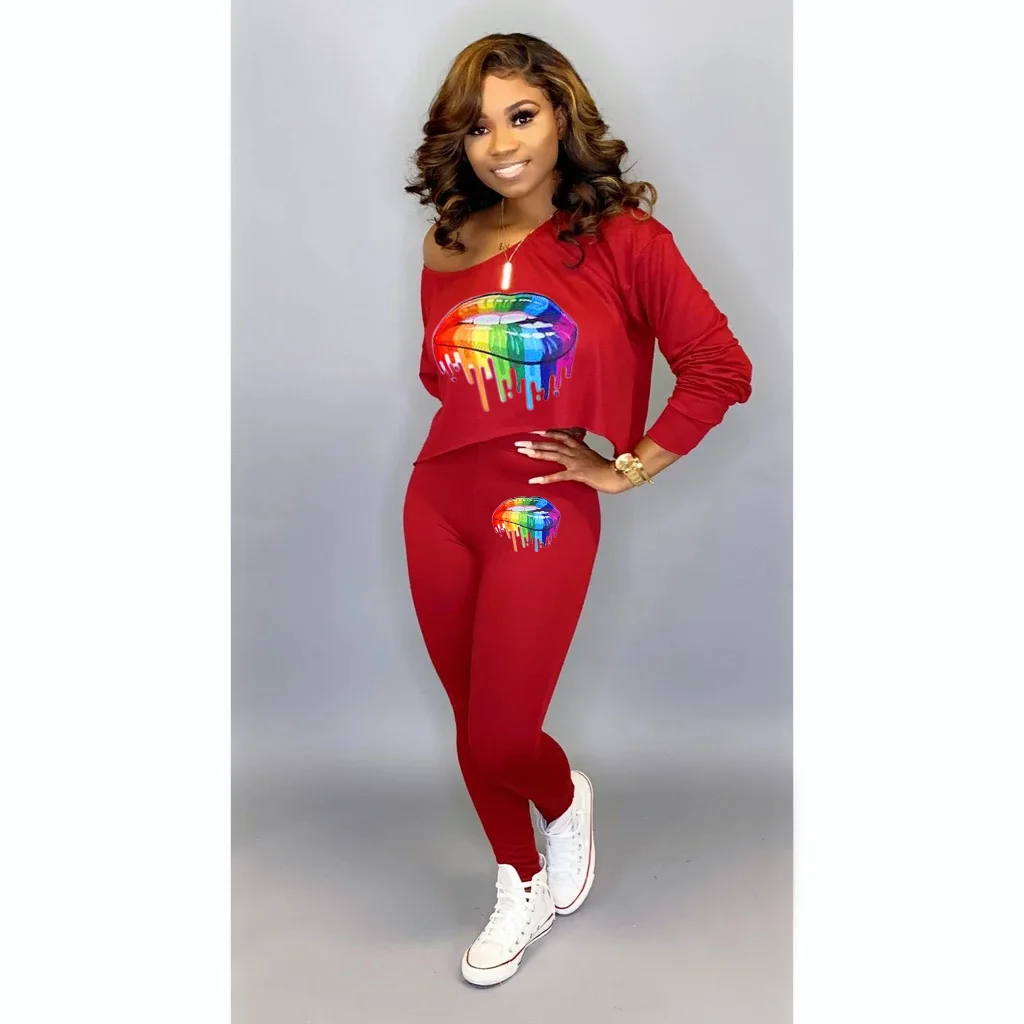 2019 осенне зимний женский комплект с принтом рта укороченный топ брюки карандаш