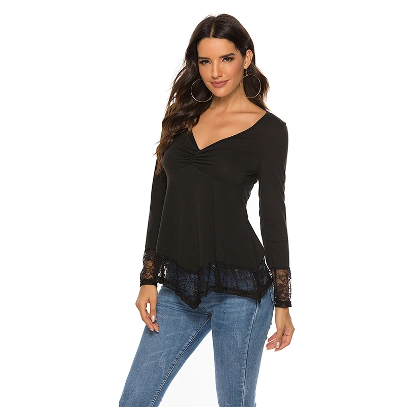 Женские однотонные футболки с длинным рукавом модные кружевные облегающие в