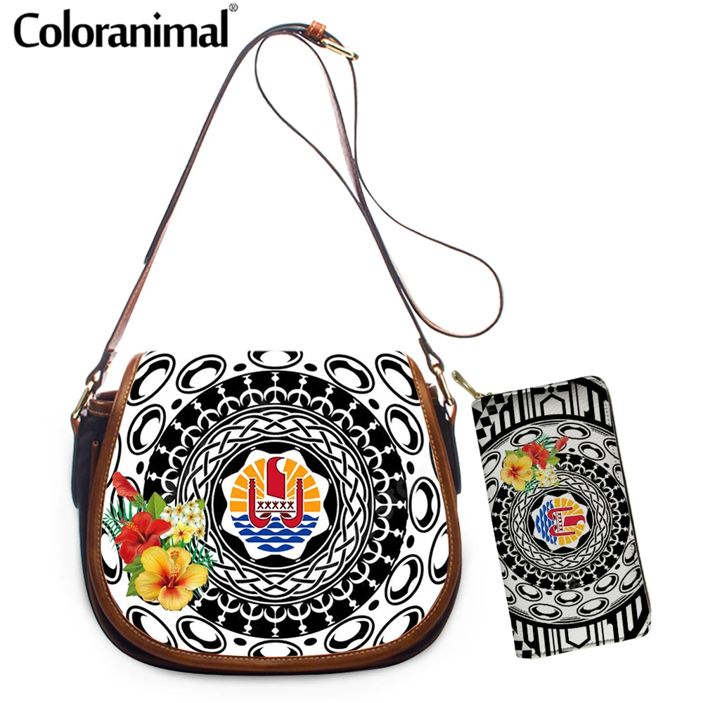 

Coloranimal New Style Girls PU Leather Crossbody Bag Tahiti Polynesian Tropical Hibiscus Printing Women Shoulder Bag 2Set Bolsa