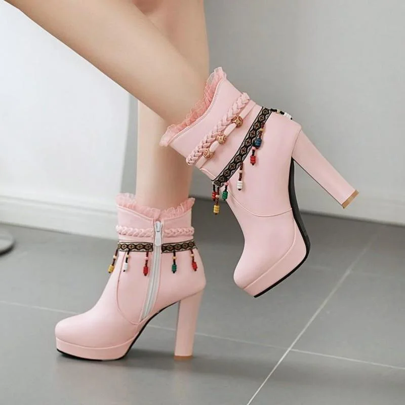 

Korean Version New Thick-heeled Platform White Boots Female Riding Boots High-heeled Short Boots Tassel Large Size Women's Boots