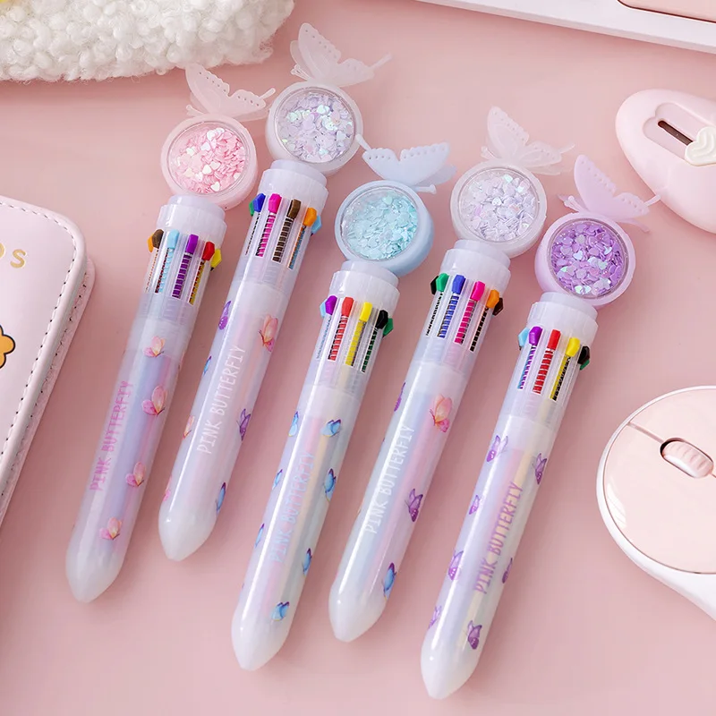

Kawaii Butterfly Sequins 10 Colors Ballpoint Pen Cute Press Ball pens School Office writing Supply Stationery Gift