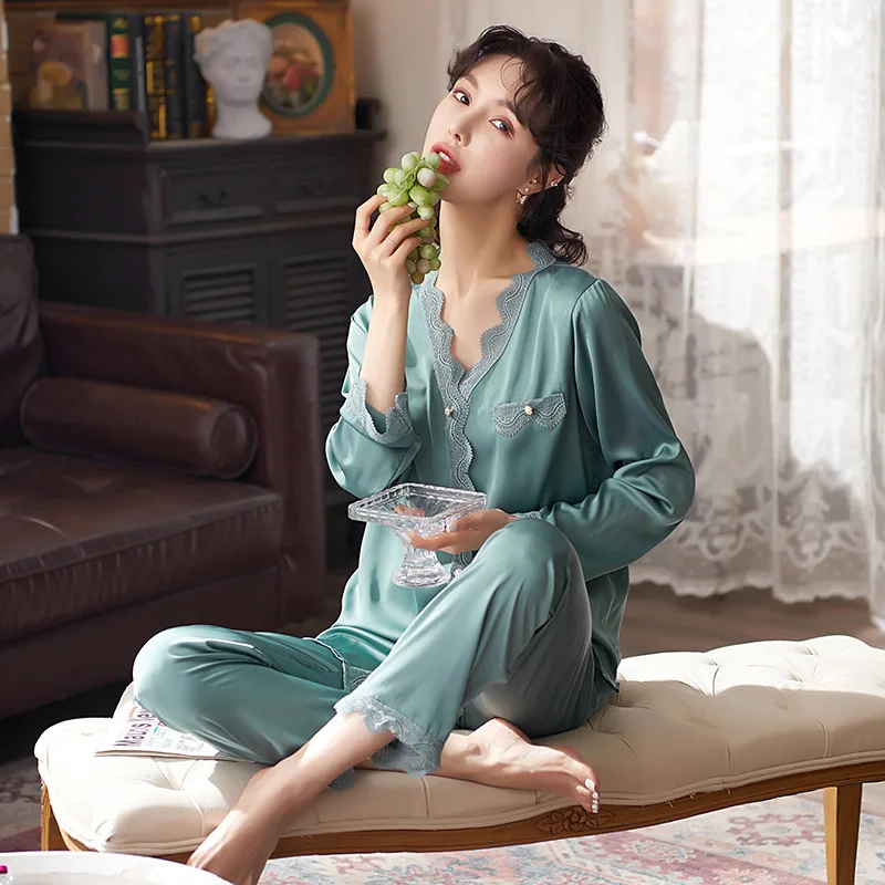 

Gray Couple 2PCS Full Sleeve Shirt& Pant Pajamas Set Sweet Lace Floral Trim V-Neck Rayon Sleep Suit Sleepwear Casual Home Wear