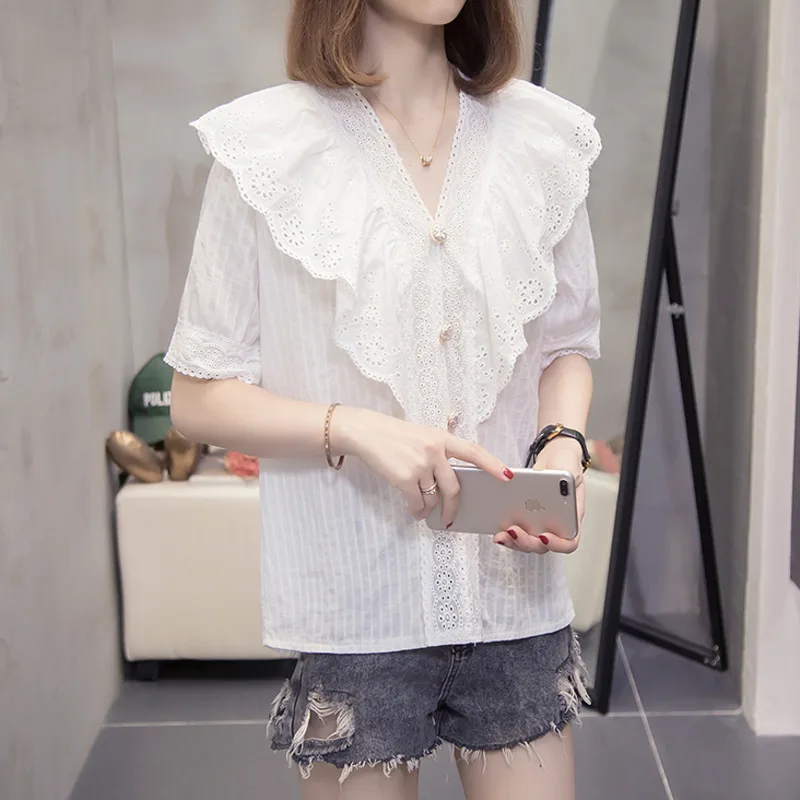 

Nkandby Plus Size Summer Women Chiffon Shirt V-neck Lace Hollow Our Short Sleeve Blouse Oversized Ruffles Korean Ladies Chic Top