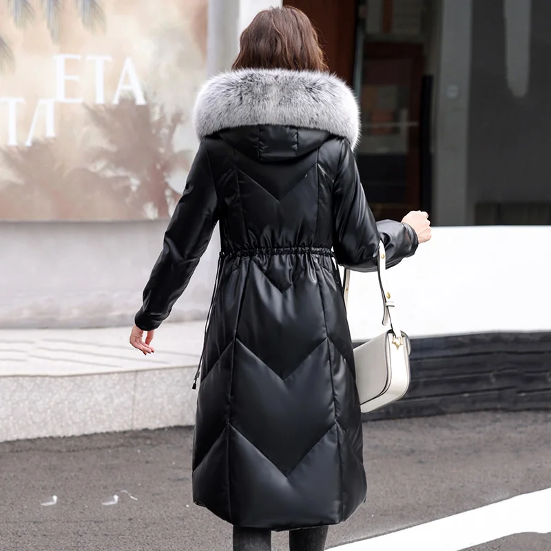 New Women Leather Coat Autumn Winter 2022 Real Fox Fur Collar Drawstring Waist Loose Long Sheepskin Overcoat Leather Down Jacket