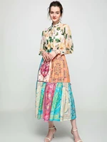 yellow flower printed bow tie tie floral blouse big skirt fashion suit 2021 summer womens beach skirt
