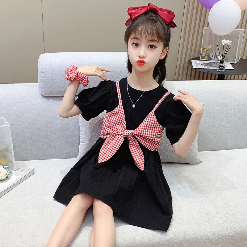 

Tz boutique 2021 summer new suspender check vest two-piece dress 4 to 12 years old girls personality