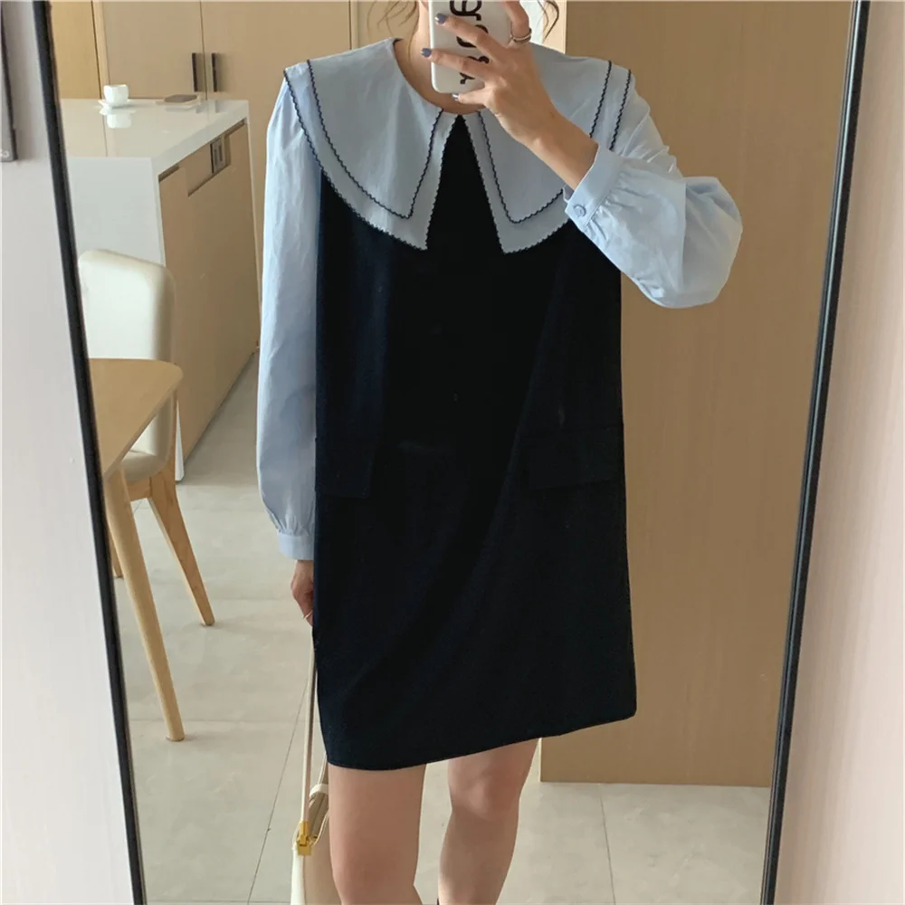 

HziriP Patchwork Peter Pan Collar Straight Mini Dress Women Fashion Elegant Loose Chic Autumn 2022 New Casual High Street Party