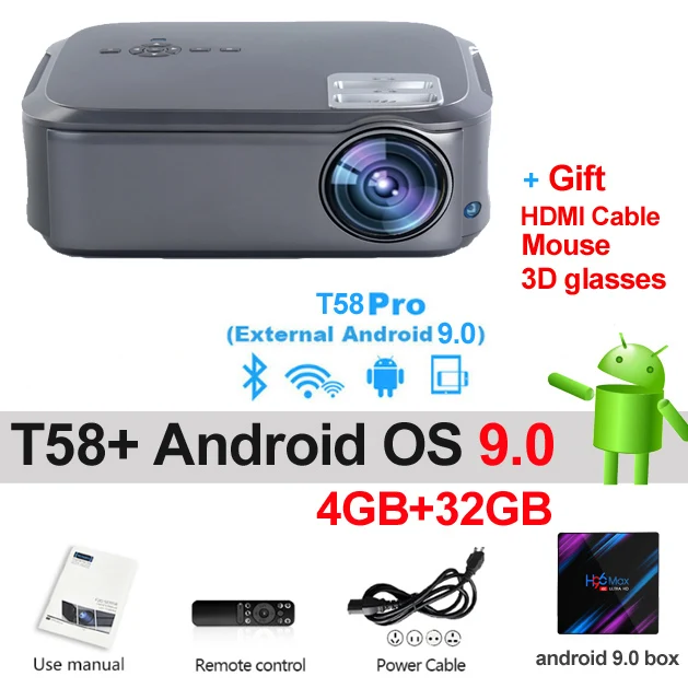 T58 Android OS 32GB WZATCO Full HD 1080P проектор 200inchT58 Android 9,0 WiFi светодиодный проектор для домашнего кинотеатра HDMI PC видеоигры мобильный проектор - Цвет: T58 Android OS 32GB