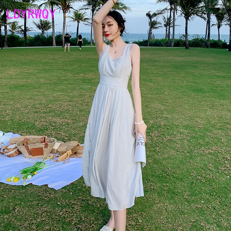 

LDYRWQY 2021 summer new Korean fashion pure color sexy slim body with halter backless beach dress Office Lady Polyester