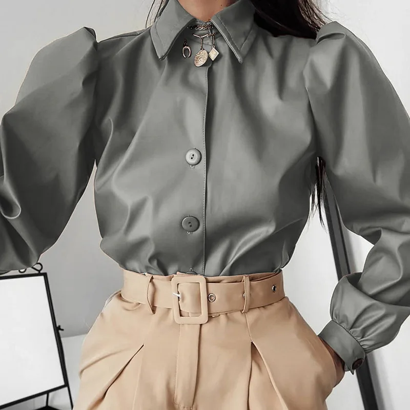 

Retro Sexy Solid Colors Leather Puff Sleeve Long Sleeve Top Faux Leather Shirt Women's Shirt Spring Autumn Ladies New Elegant