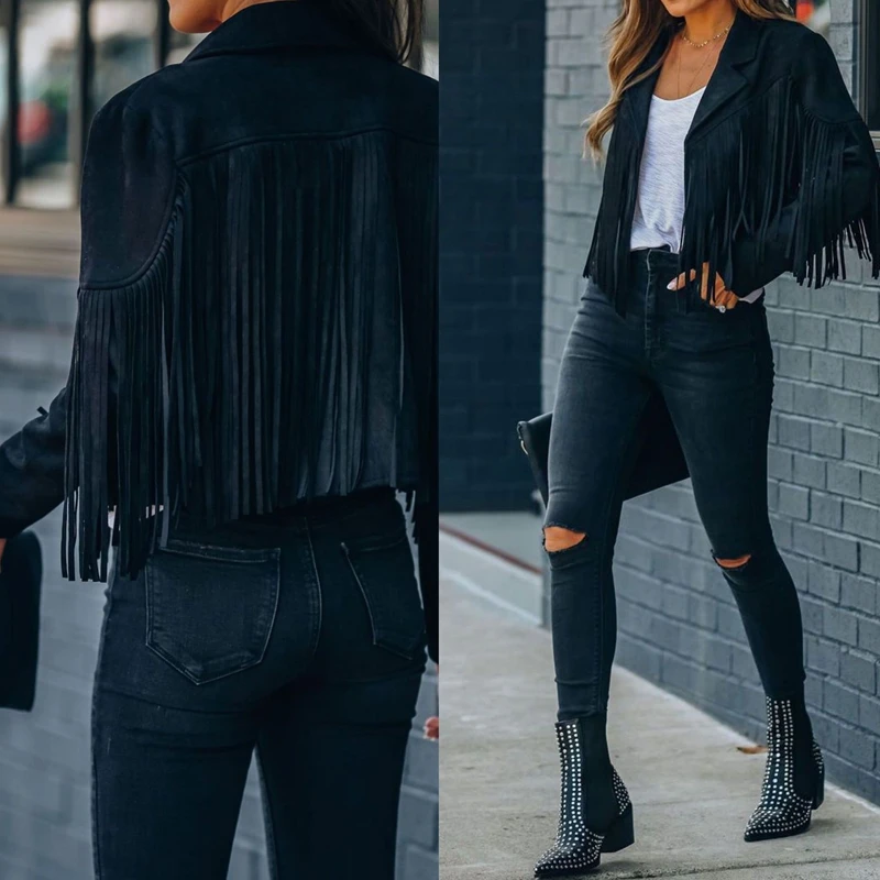 

Women's Fall 2020 New Slim Top Long Sleeve Printed Fringe Jacket Women