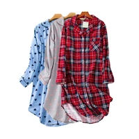 flannel cotton home nightdress cardigan shirt night dress cute cartoon plaid design sleepwear women pajamas women sleepwear