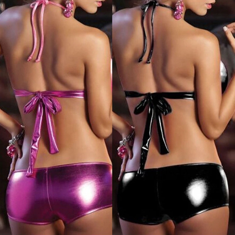 

Faux Leather Lingerie Set Women Sexy Wet-Look Clubwear Party Underwear Bodysuit