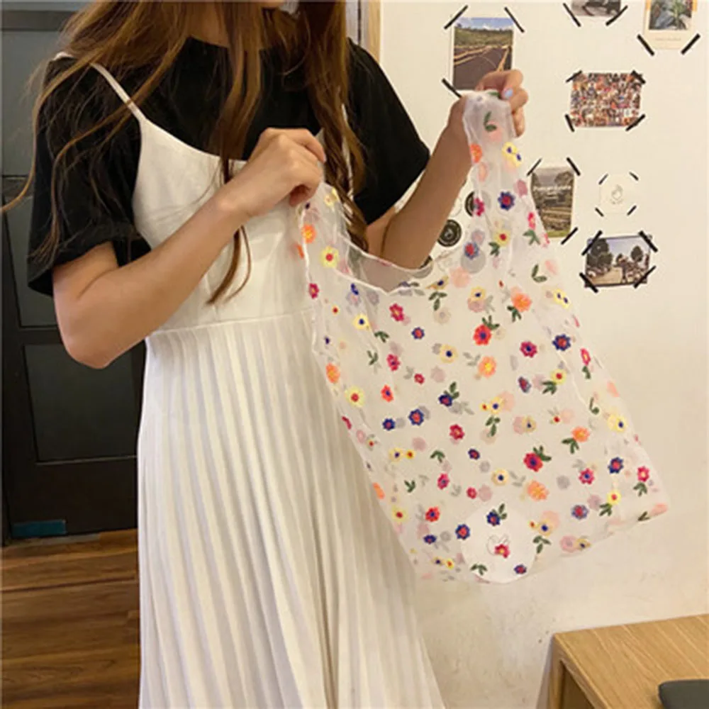 

New Handmade Flower Embroidery Hand Bag sweet Casual Tote Mesh Shoulder Bag Lady Travel Shopping Bags Woman Handbags DROPSHIP