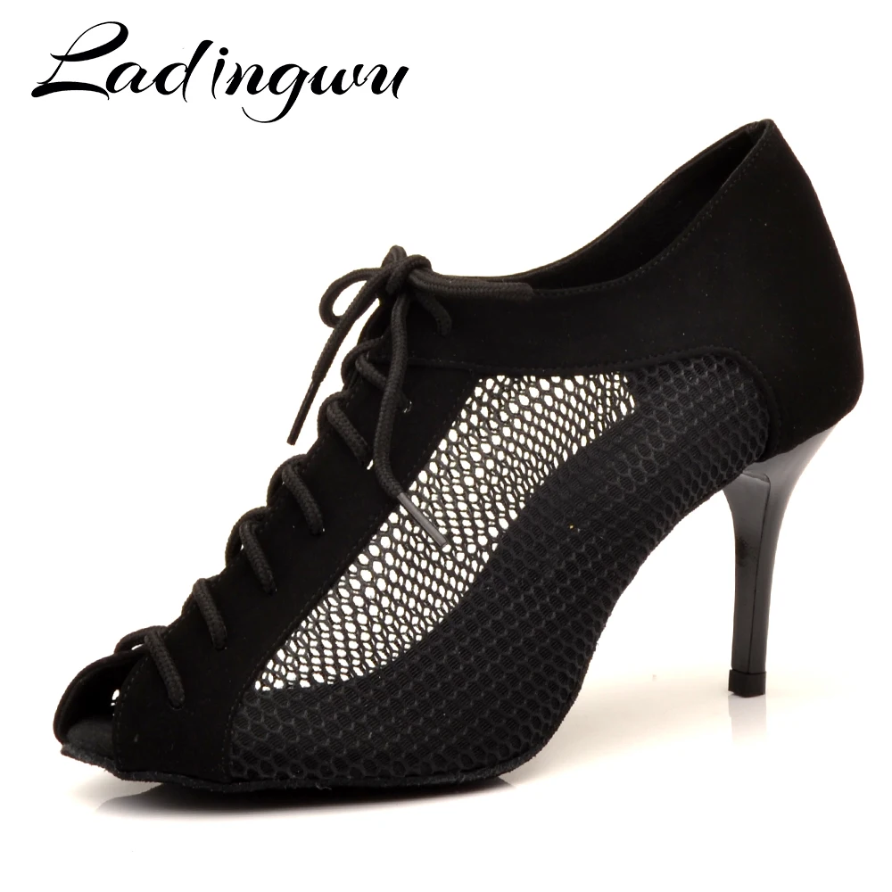 Ladingwu Latin Dance Shoes Suede Plus Breathable Mesh Indoor Sport Dance Shoes Women Salsa Dance Shoes 8.5 cm metal heel