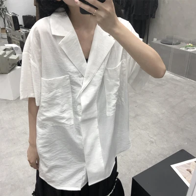 Новинка лета 2020 белая хлопковая льняная текстурная рубашка с большими карманами