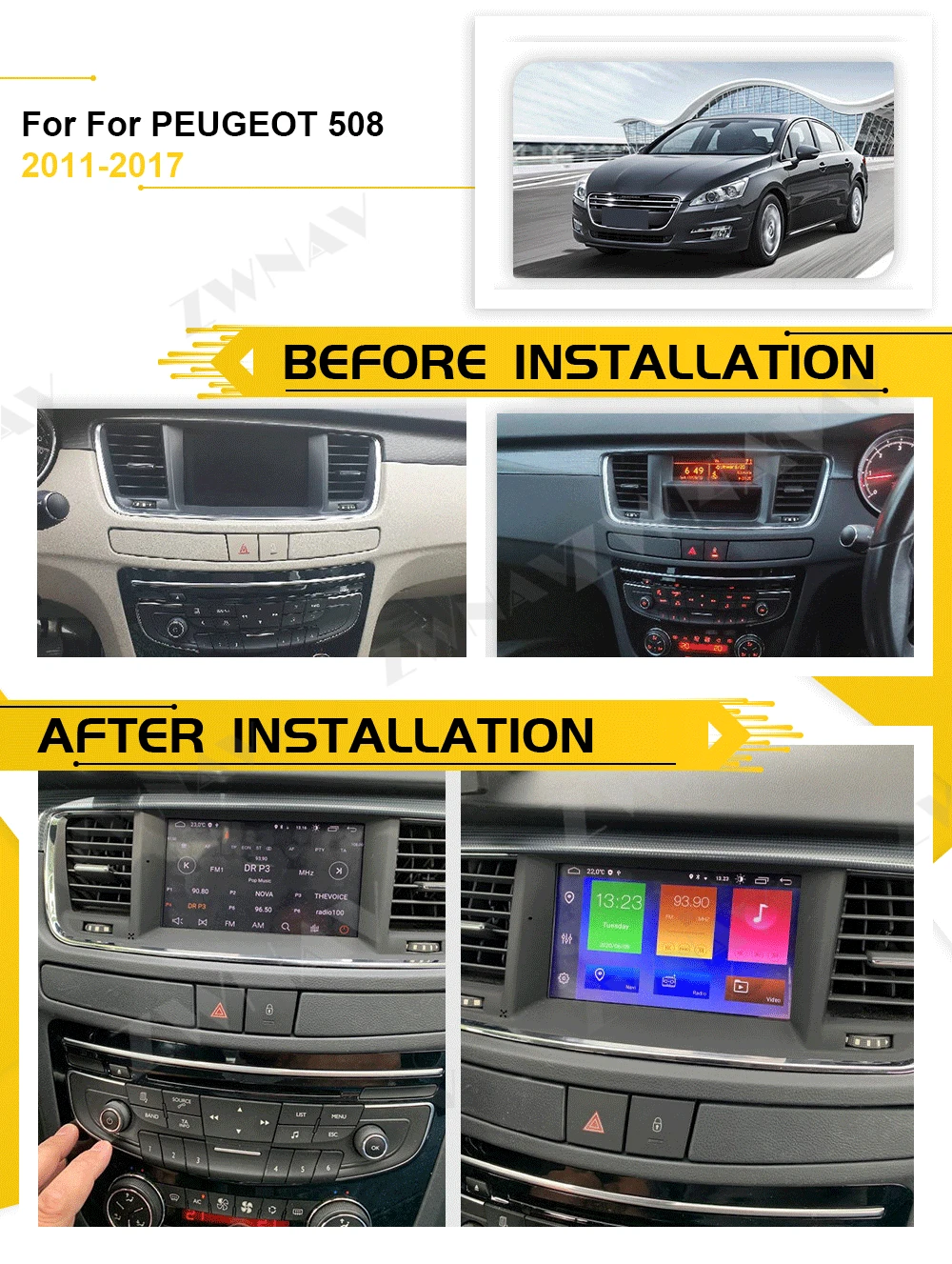 2 Din для PEUGEOT 508 2011 2012 2013 2014 2015 2016 2017 Android обоих концах подключения внешних устройств