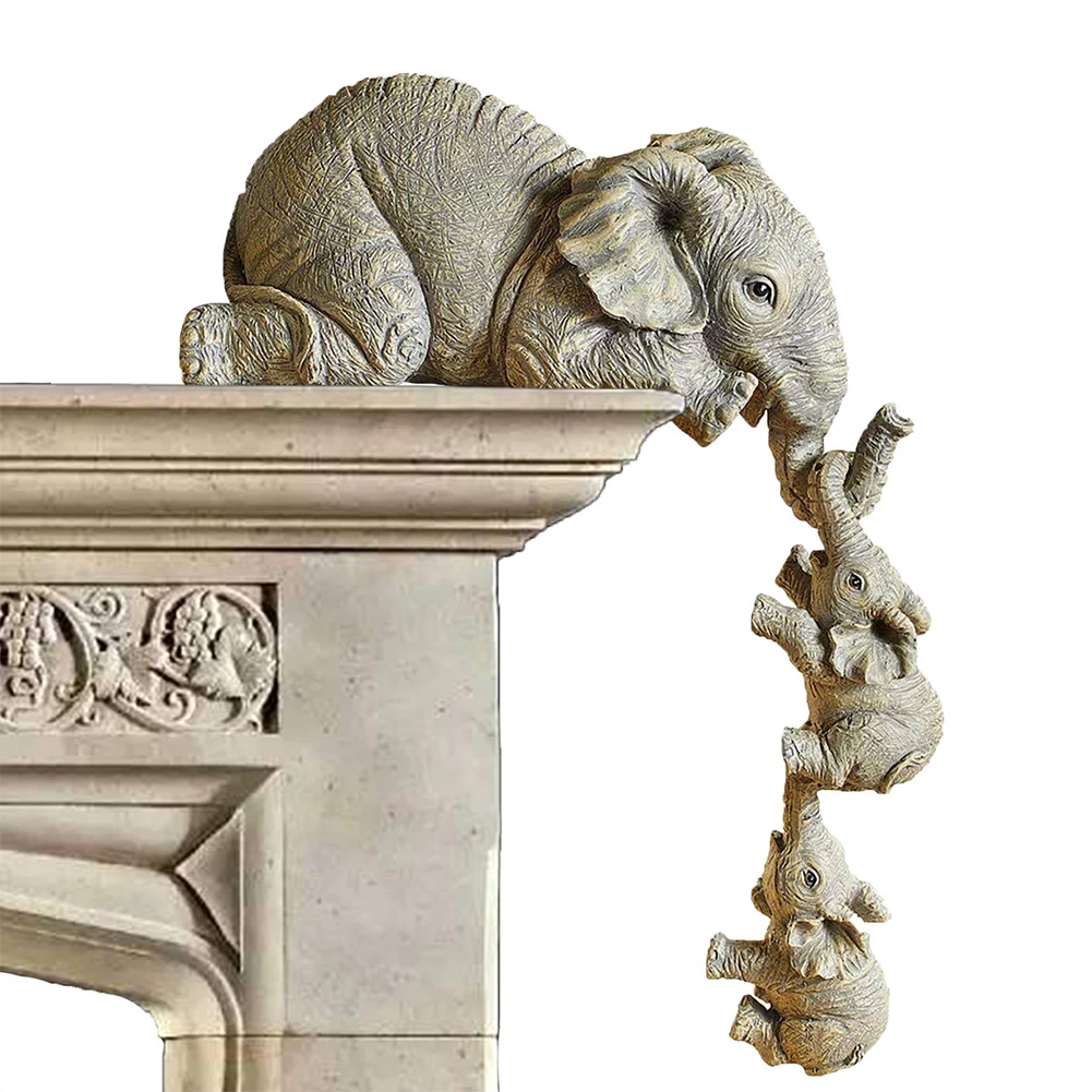 

Elephant Resin Ornaments Three-piece Decorations, 3 Elephant Mothers and Two Babies Hanging on The Edge of Handicraft Statues