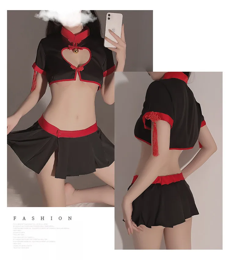 

Sexy Lingerie Chinese Style Temptation Republic Of China Stand Collar Cheongsam Hollow Tassel Short Top Show Waist Skirt