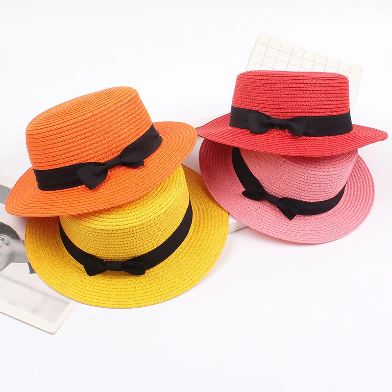 New Women Summer Sun Hat Beach Raffia Straw Female Black Bow Ribbon Cap Temperament Flat Hats Outdoor Caps 2020 | Аксессуары для