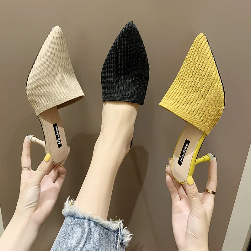 

2021 new slippers women's outer wear fashion woven retro half slippers pointed toe high-heeled stiletto
